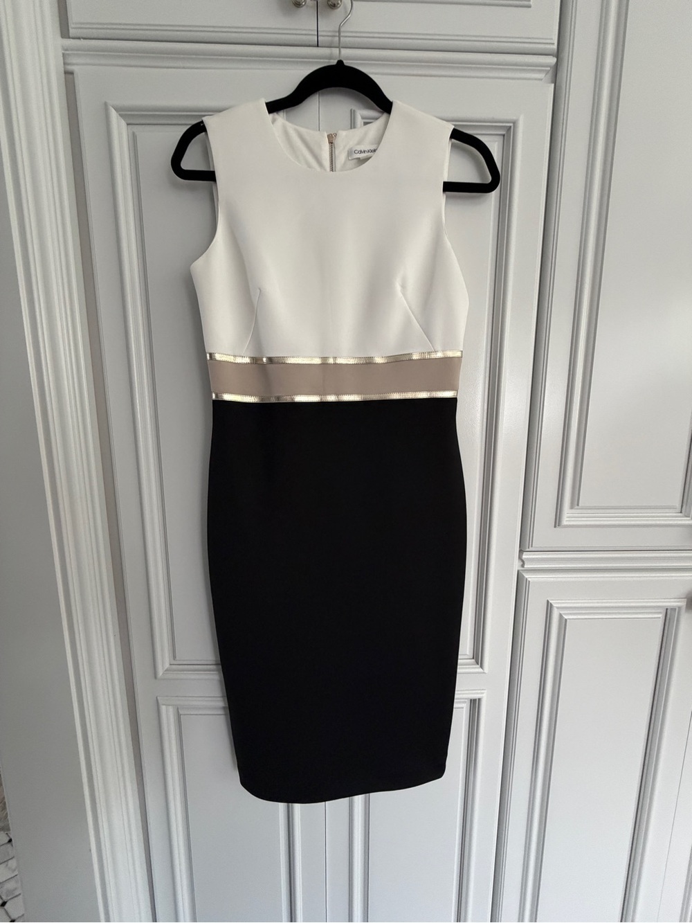 Calvin Klein White, Black & Gold Trim Sheath Dress
